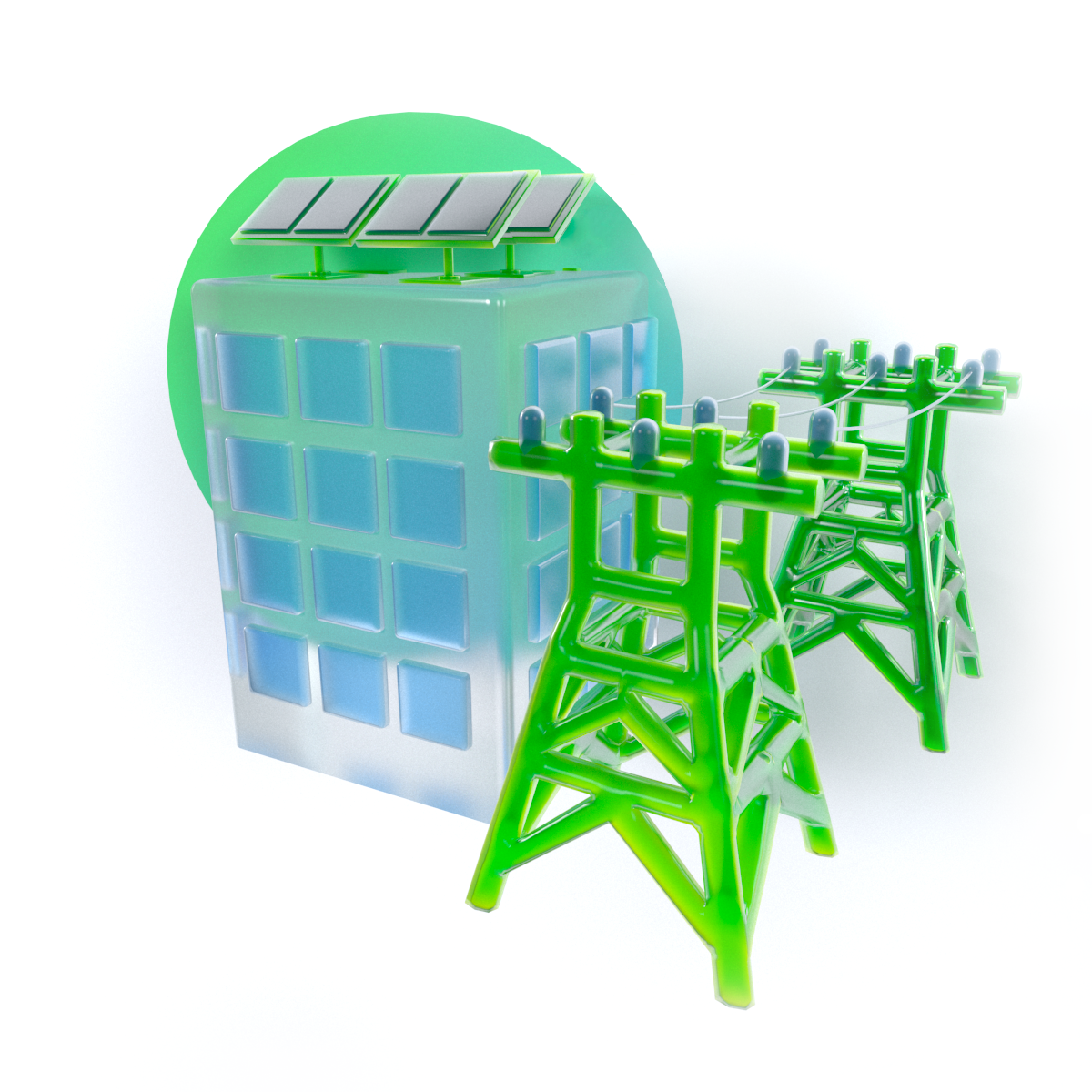 Ilustración de dos torres eléctricas junto a un edificio