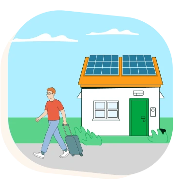 Una persona con una maleta saliendo de una casa con placas solares