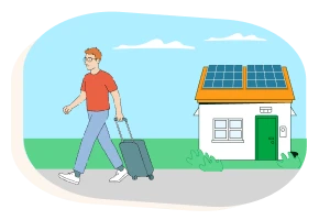 Una persona con una maleta saliendo de una casa con placas solares
