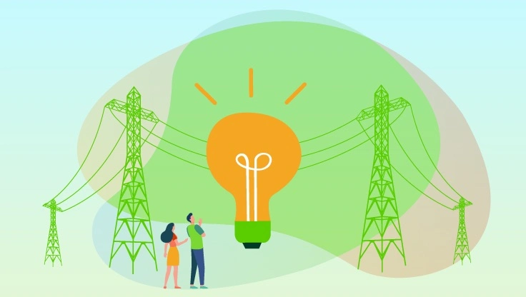 Imagen de dos personas frente a una torre eléctrica