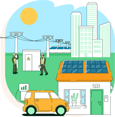 Mosaico con casa con placas solares y coche electrico jutno a un edifico y tren con operarios de i-DE