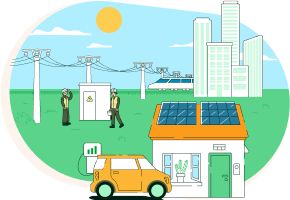 Mosaico con casa con placas solares y coche electrico jutno a un edifico y tren con operarios de i-DE