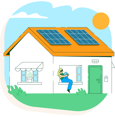 Ilustracion de una mujer sentada en el alfeizar de una ventana de una casa con placas solares