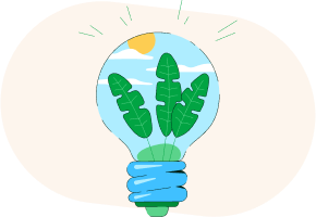 Ilustración de una bombilla que contiene una hojas verdes con un cielo soleado