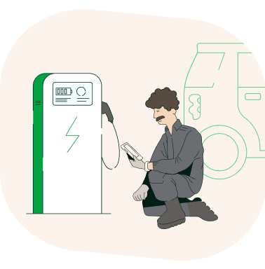 Ilustración de un operario de i-DE junto a un cargador eléctrico