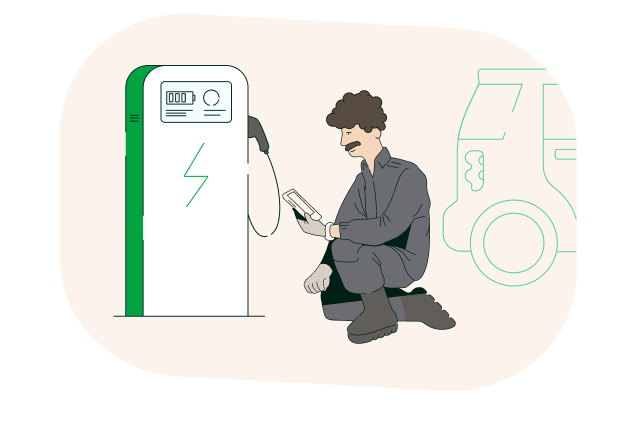 Ilustración de un operario de i-DE junto a un cargador eléctrico