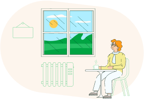 Una mujer sentada junto a una radiador mirando el sol por la ventana