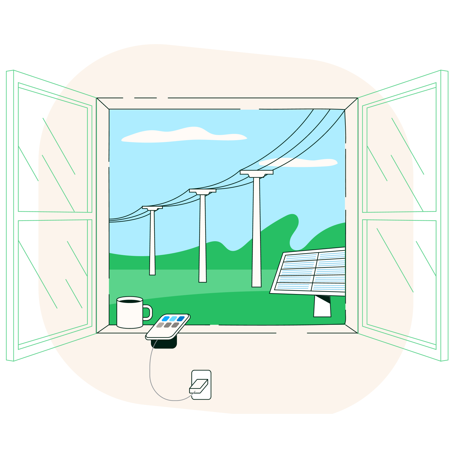 Ilustración de una ventana donde se ve una placa solar y una torre eléctrica