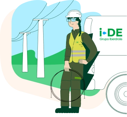 Ilustración de un vehículo de i-DE junto a unos conos de señalización de trabajos