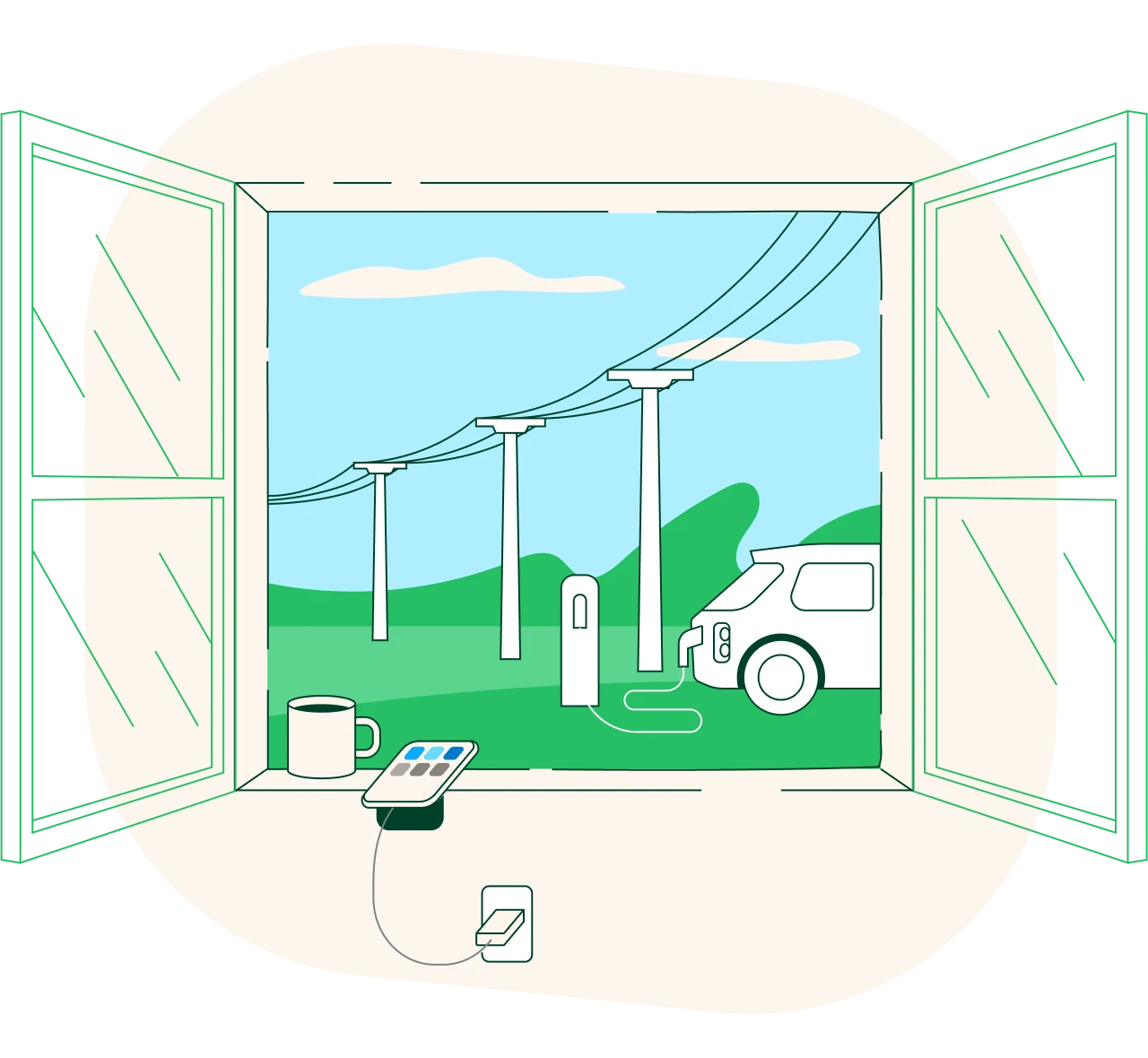 Ilustracion de una ventana abierta donde se ve una torres de electricidad junto a un coche que esta recargandose con energía eléctrica