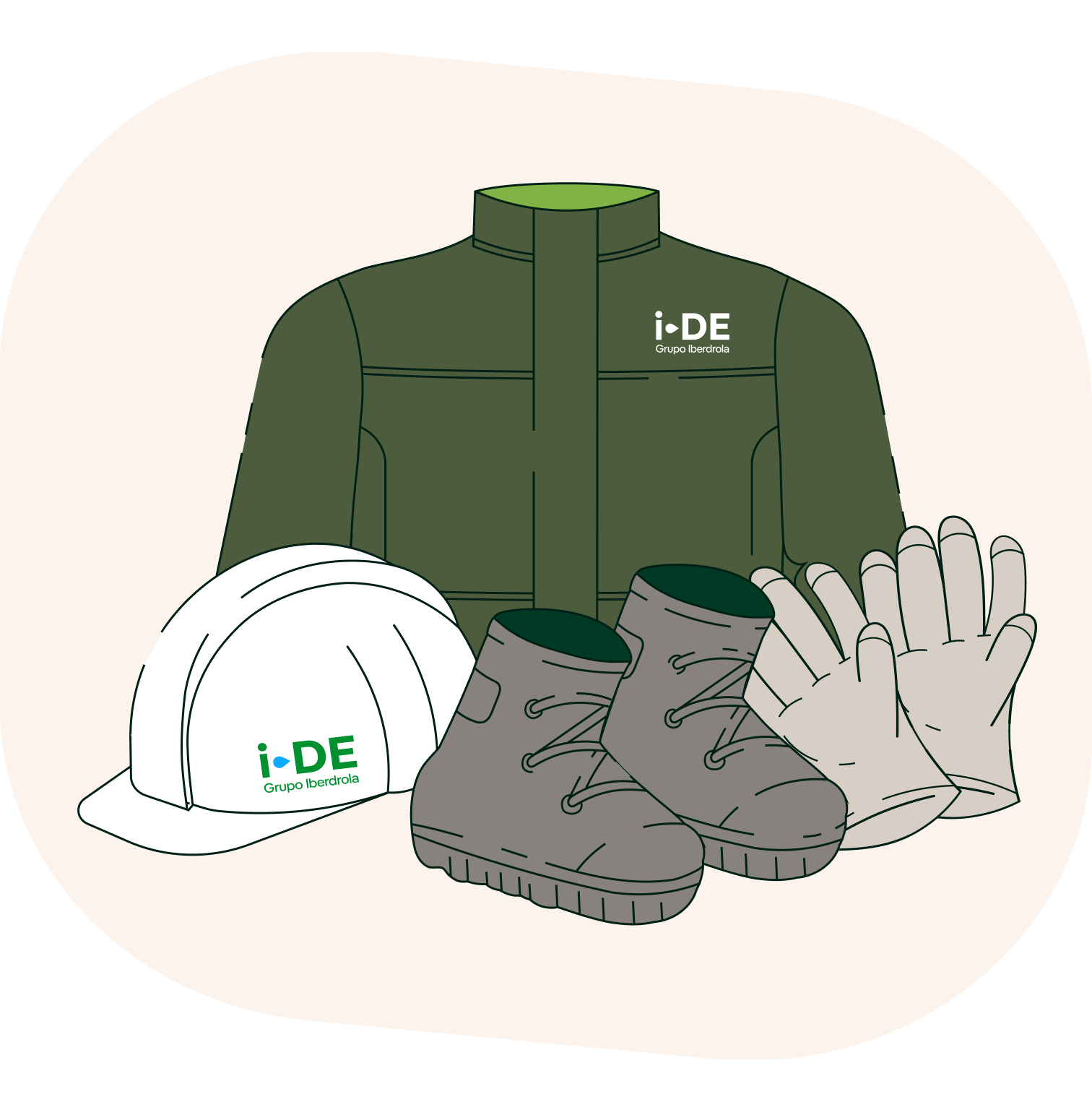 Ilustración de una chaqueta con el logotipo de i-de, un casco, guantes y botas de trabajo