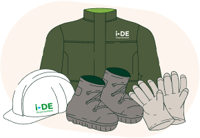 Ilustración de una chaqueta, casco y botas de operarios de i-DE