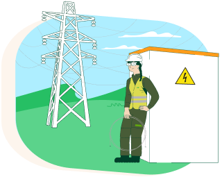 Una operaria de i-DE  con casco y unos cables en la mano apoyada en una caseta de i-DE donde descansan unas torres de electricidad