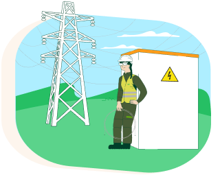 Una operaria de i-DE con casco y unos cables en la mano apoyada en una caseta de i-DE donde descansan unas torres de electricidad