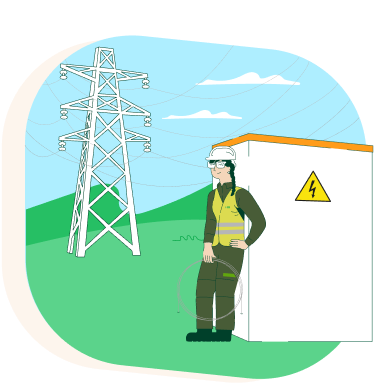 Una operaria de mantenmiento de i-DE junto a una subestacion y torre electrica