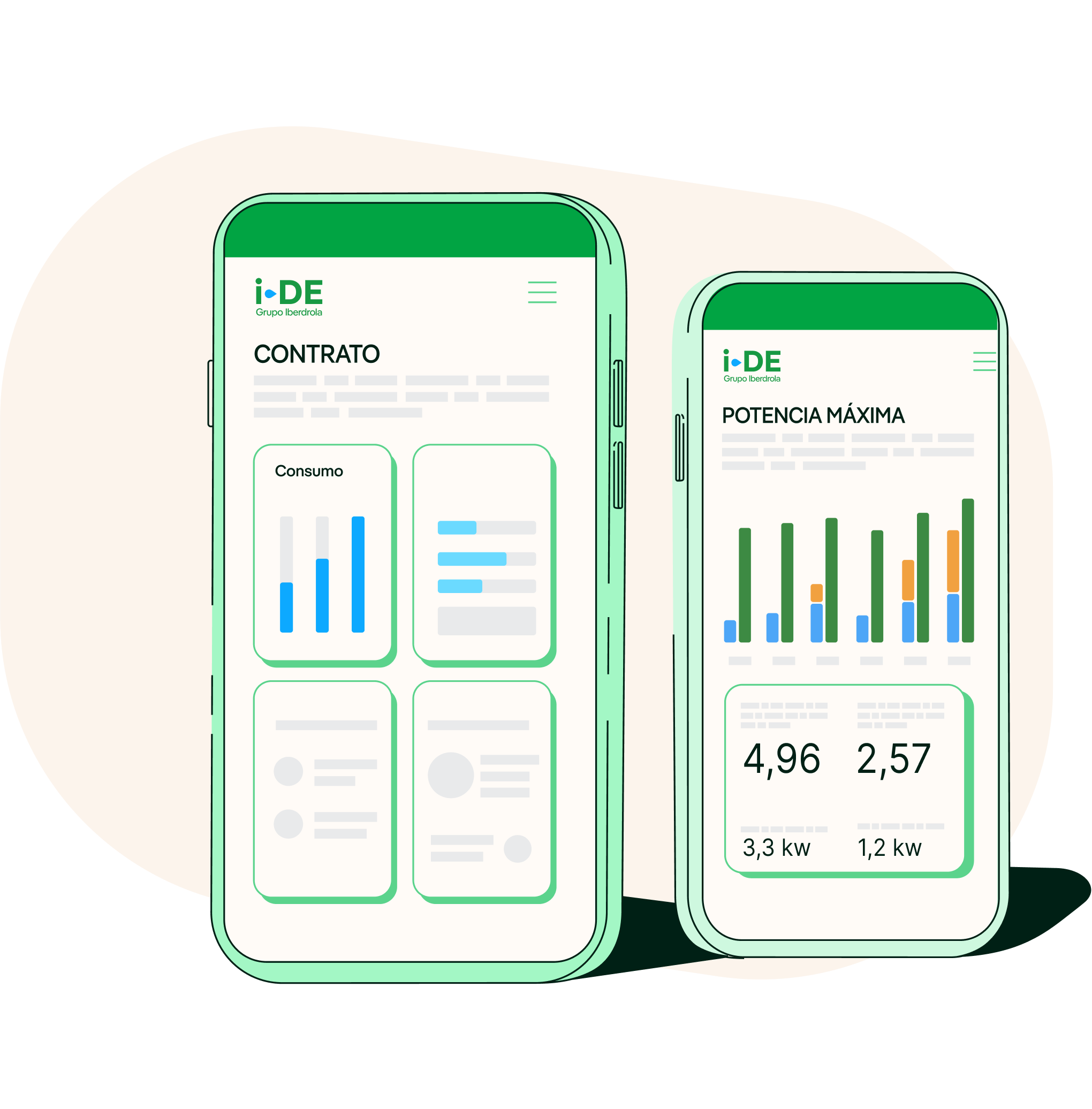 Illustration of two mobile phones with graphs and statistics on their screens