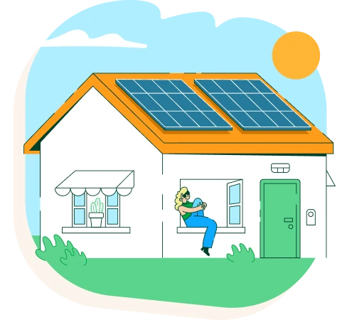 Una casa con paneles solares con una mujer sentada en la ventana