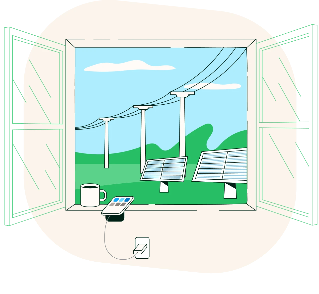 Ilustración de una ventana abierta donde ve unas torres eléctricas junto a un coche que se esta cargando