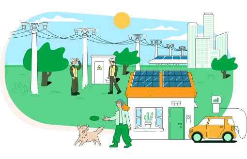 Ilustración de una ciudad conectada a la red eléctrica de i-DE