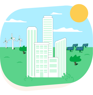 Un grupo de edificios junto con un molinos de viento y unas placas solares bajo un sol brillante