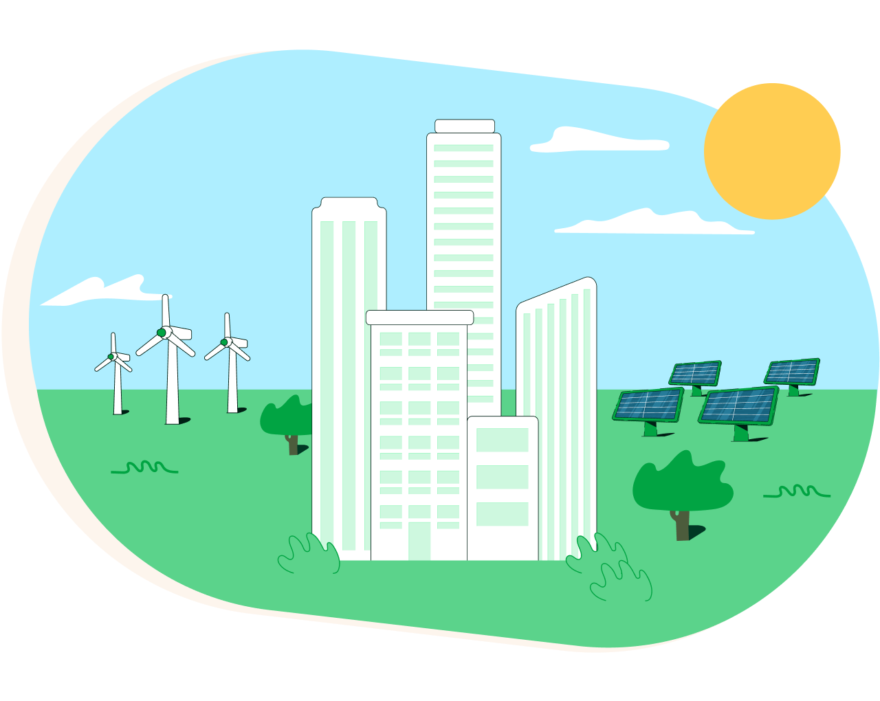 A group of buildings along with windmills and solar panels under a bright sun